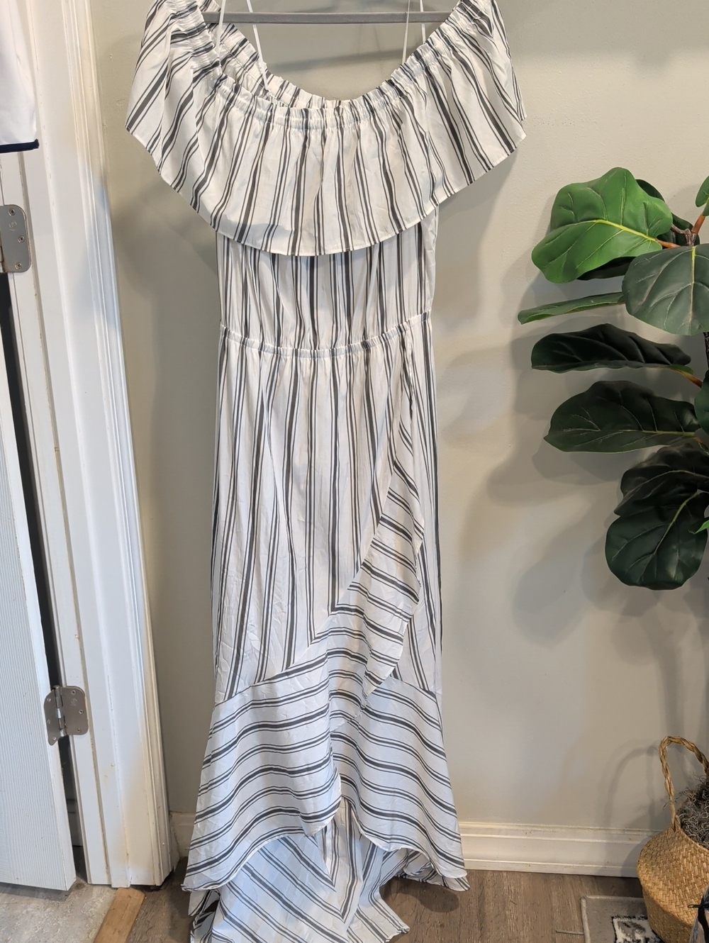 Express One-Shoulder White & Black Striped Maxi Dress